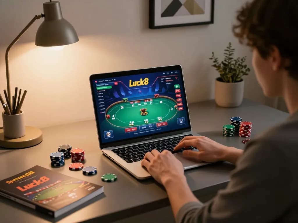 Play online poker on Luck8 with engaging gameplay at home featuring a focused player