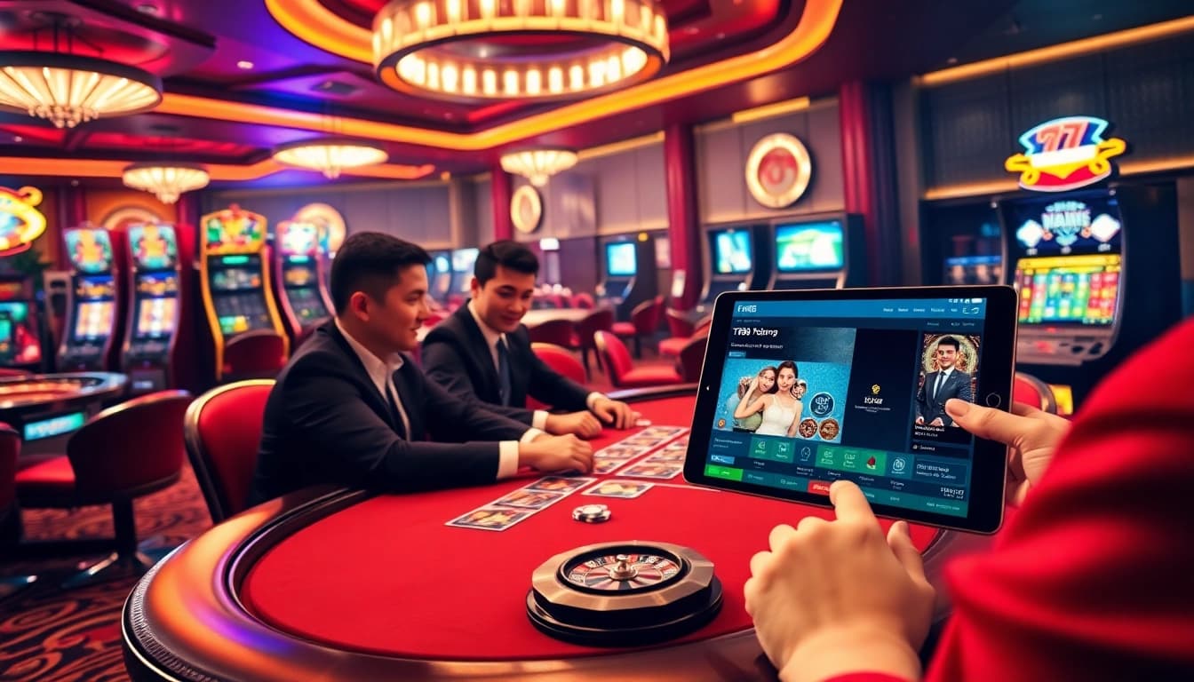 Players enjoying a thrilling poker match and engaging with tr88 online gambling interface at a vibrant casino.