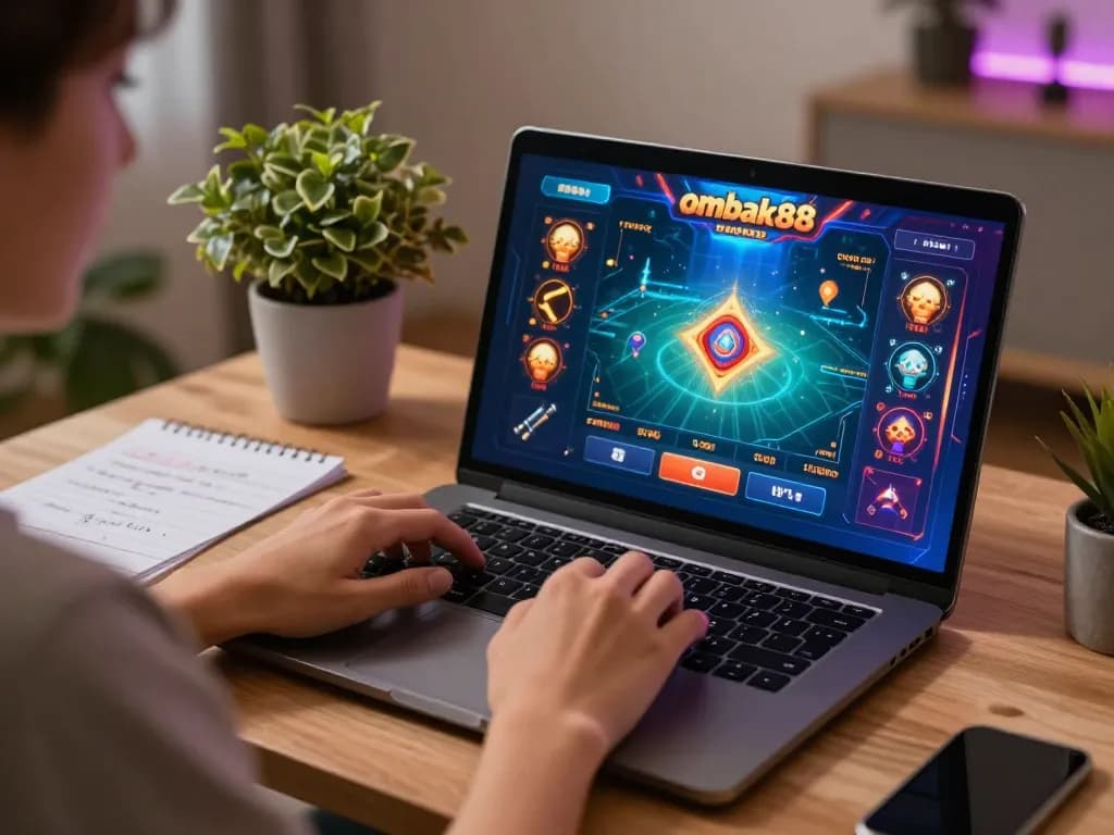 Bergabung dalam permainan online ombak88 dengan laptop yang menampilkan gameplay menarik di lingkungan rumah yang nyaman