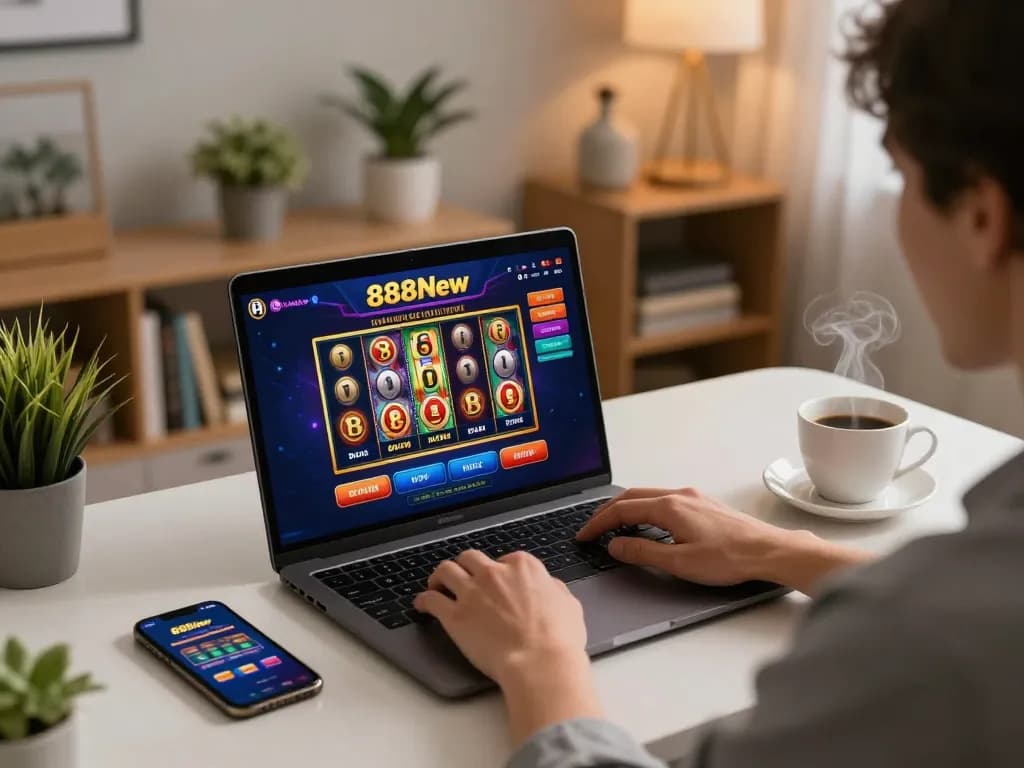Experience immersive gambling with 888New online slot games showcased in a cozy home setup.