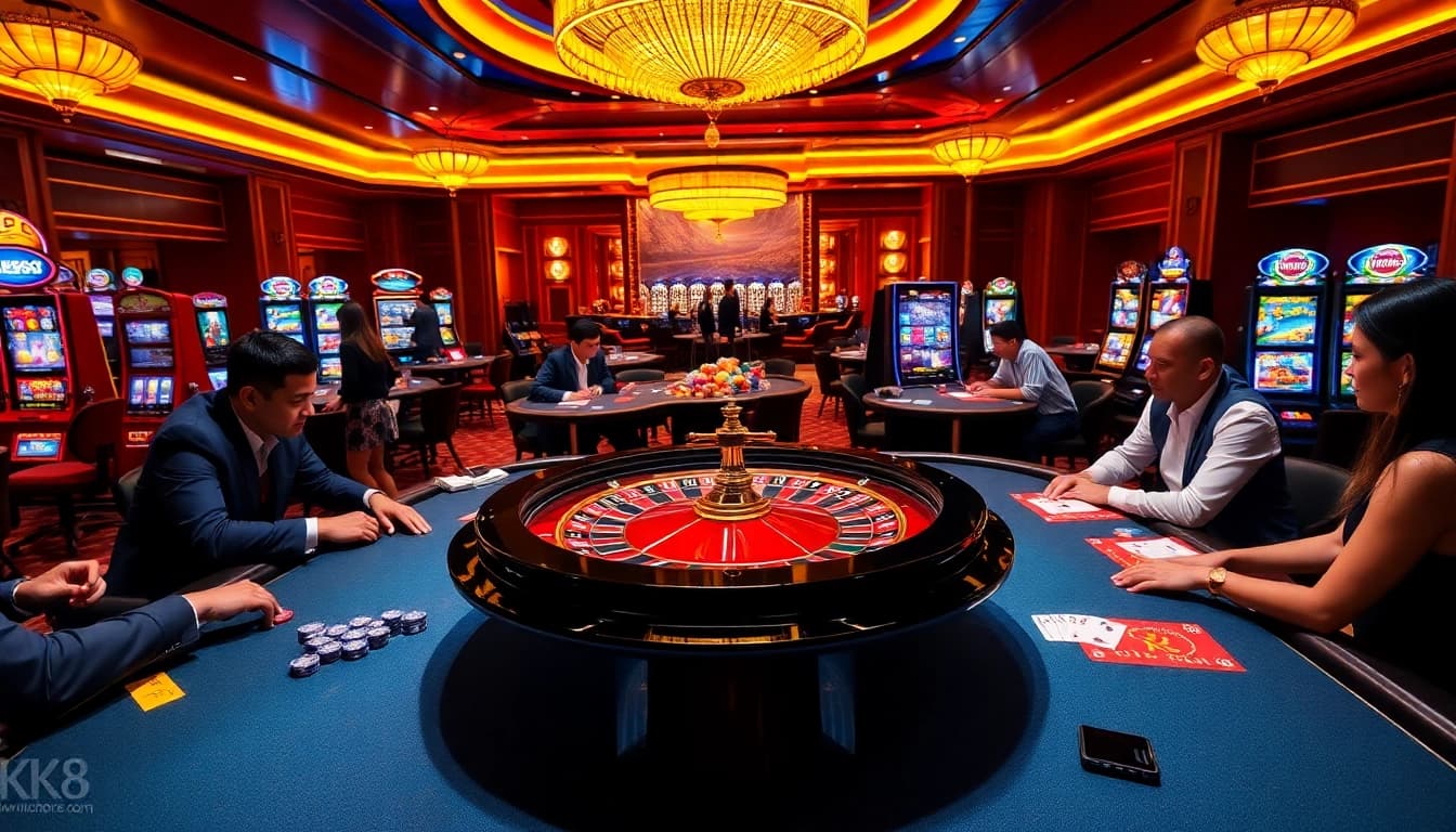 Experience excitement at KP88 with lively casino tables and vibrant slot machines.