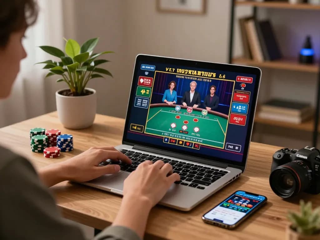 Engaged player enjoying live dealer games on bk8 website from a stylish home office.