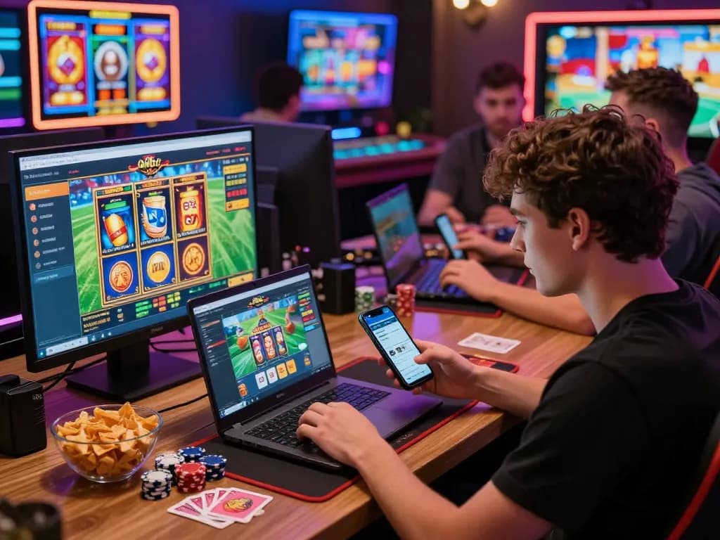 Engaging gaming scene with players enjoying Onbet platform, vibrant betting options, and cozy atmosphere.