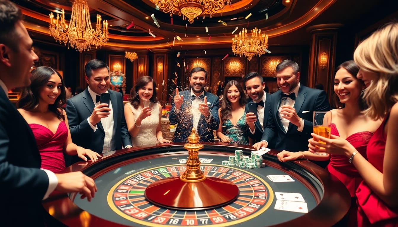 An explosion of a prize-winning lottery celebrated in a luxury casino scene with happy gamblers at a roulette wheel.