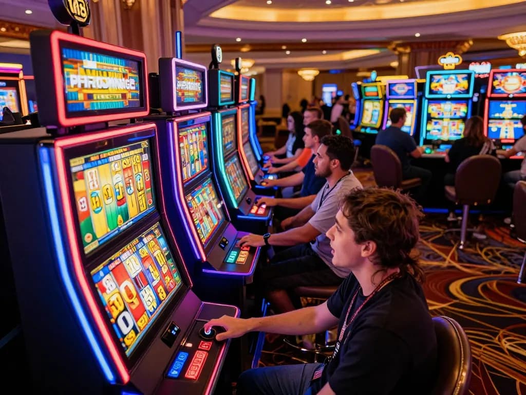 Win138 player enjoying slot machines excitement at a vibrant casino venue.