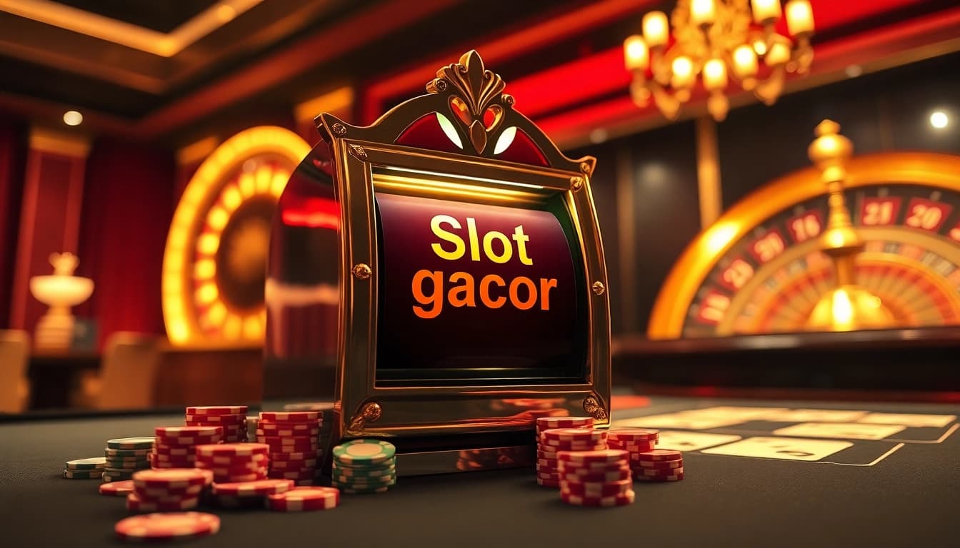 Engaging scene of slot gacor machine with vibrant casino elements like poker chips and roulette wheel.