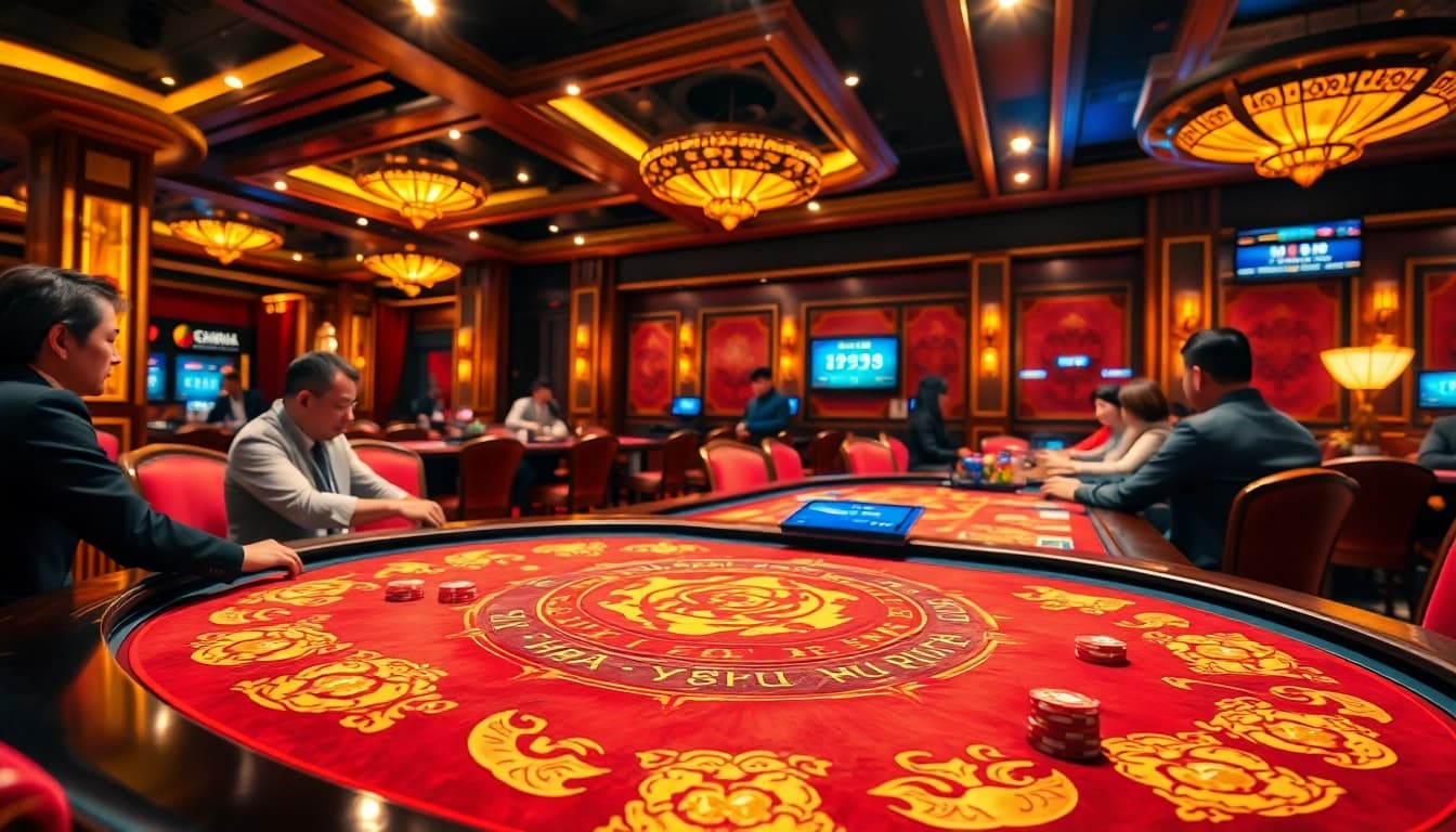 Tài Xỉu MD5 table with vibrant colors and engaged players, showcasing an exciting gaming atmosphere.