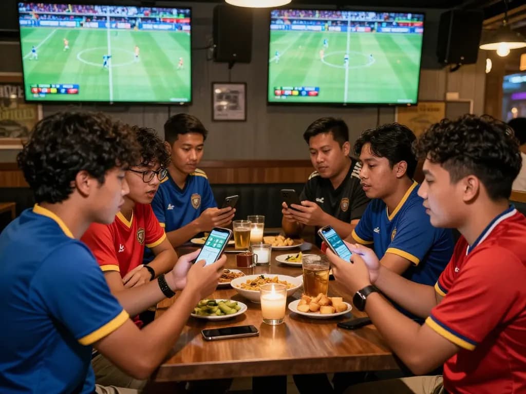 Friends enjoying Judi Bola betting in a vibrant sports bar atmosphere