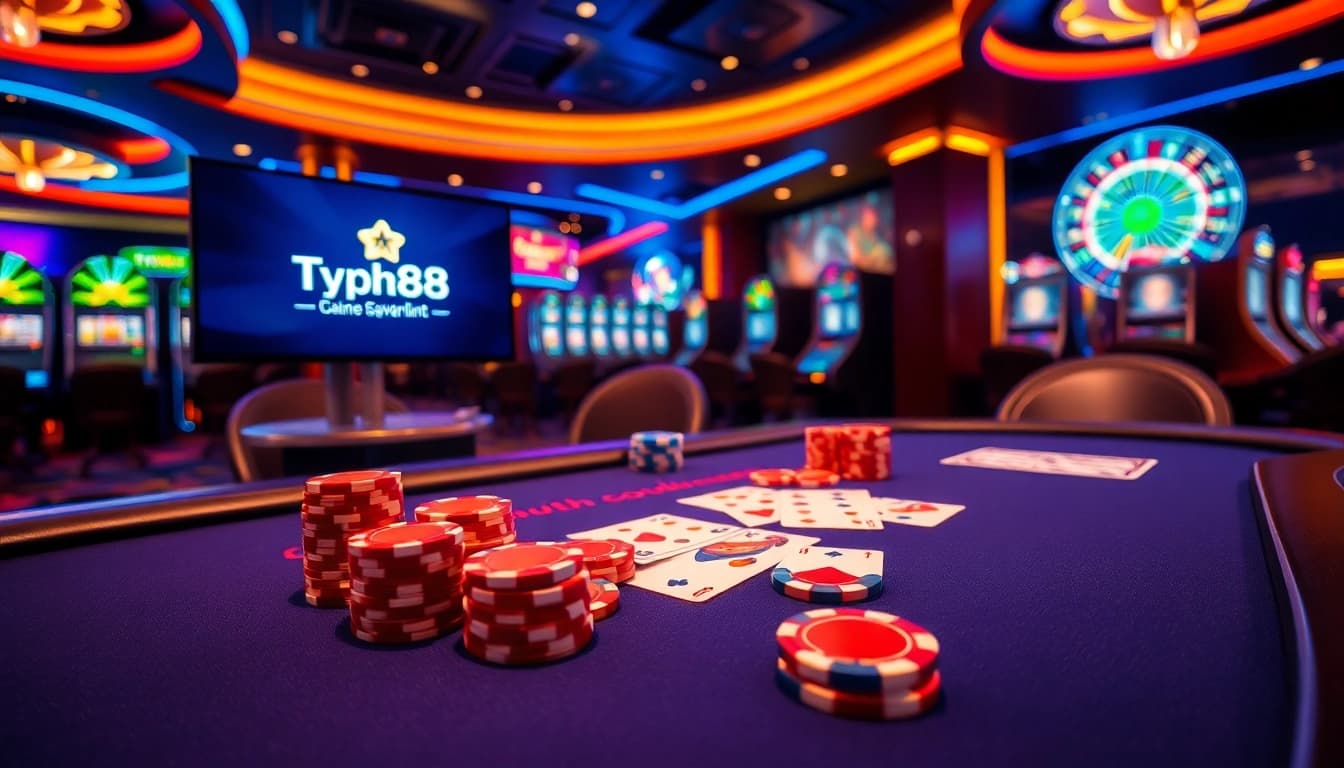 Experience thrilling gameplay at Typhu88 with an elegant casino setup featuring vibrant poker chips and interactive elements.