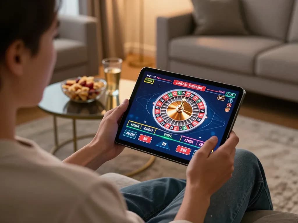Engaging in live casino gaming on SV368 app, vibrant roulette displayed on tablet.