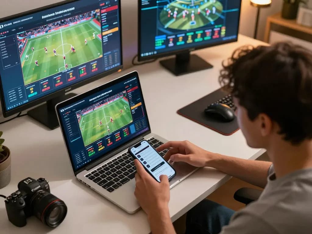 8xbet user analyzing betting options on laptop while engaging with sports apps for strategic wins.