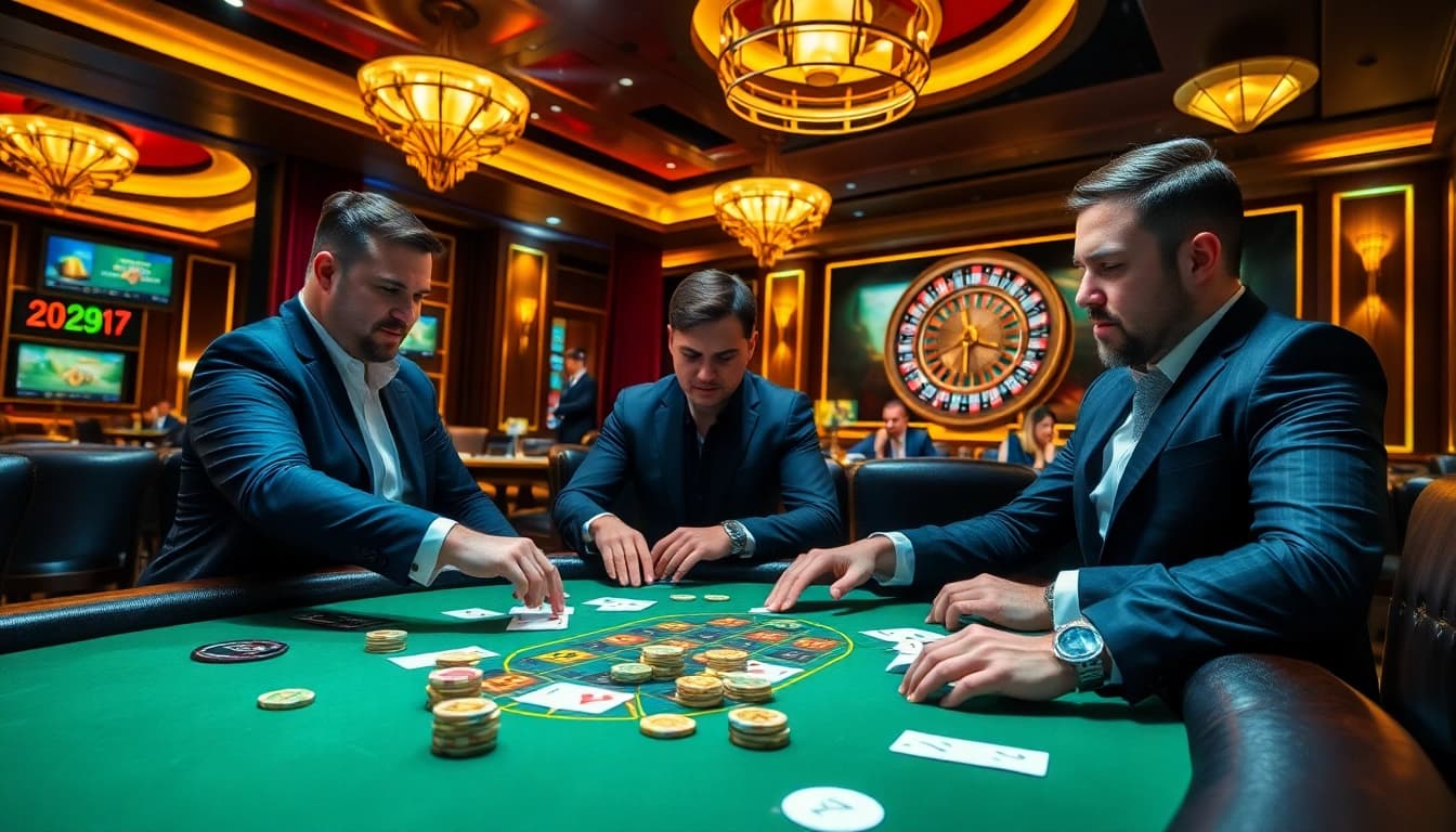 Engaged players experiencing high-stakes poker at 789win casino table, showcasing excitement and luxury.