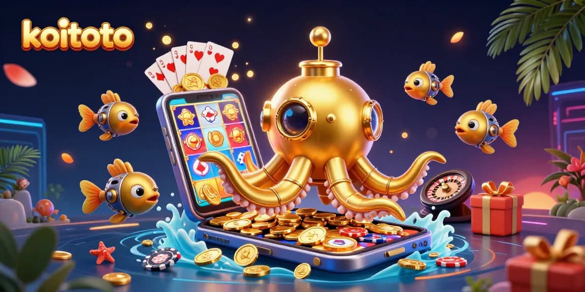 Koitoto offers engaging slot games surrounded by a captivating 3D illustration of golden treasures and vibrant gameplay elements.