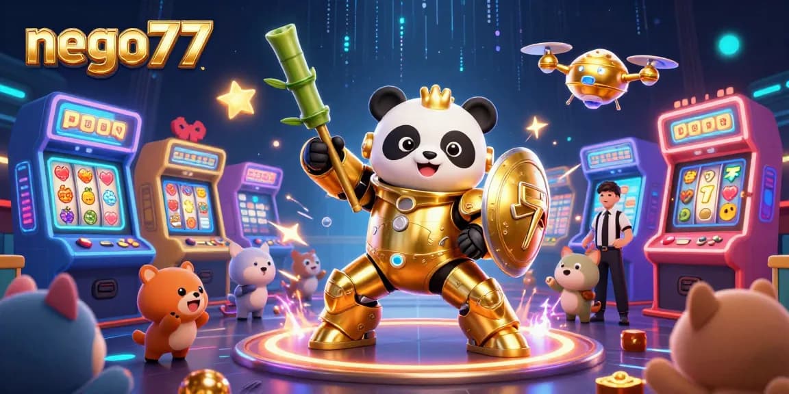 Nego77 offers thrilling gameplay with a golden panda mascot among slot machines and jackpot symbols.