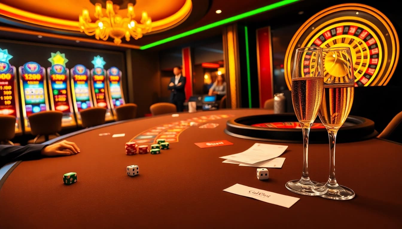 A dynamic gambling scene showcasing G28 online gaming, featuring poker players, slot machines, and a roulette wheel.