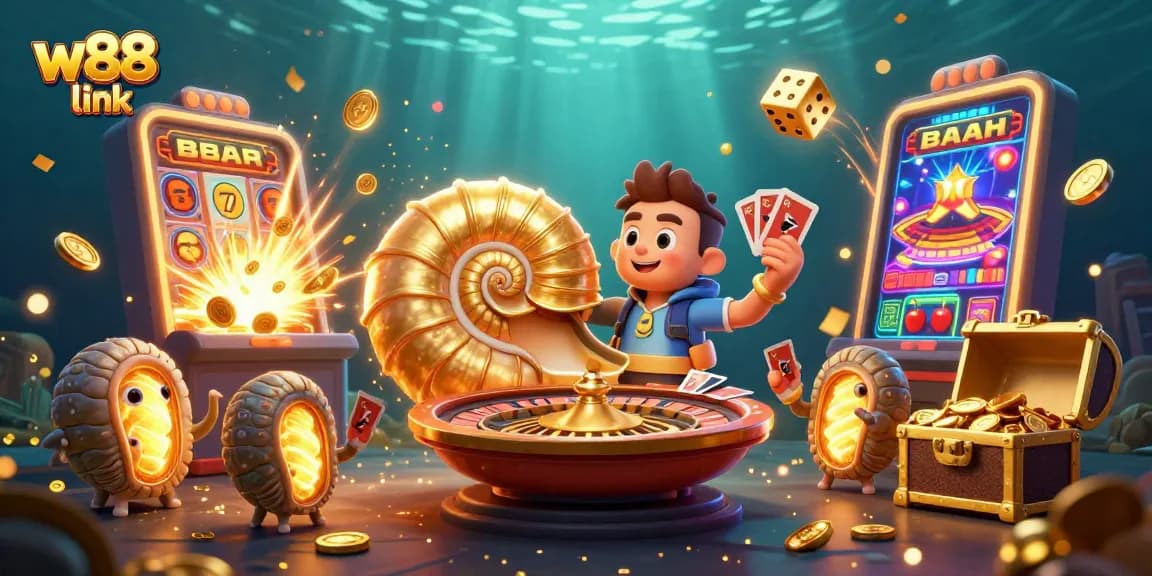 Engaging W88 link casino illustration featuring a nautilus roulette wheel with exciting gaming elements.