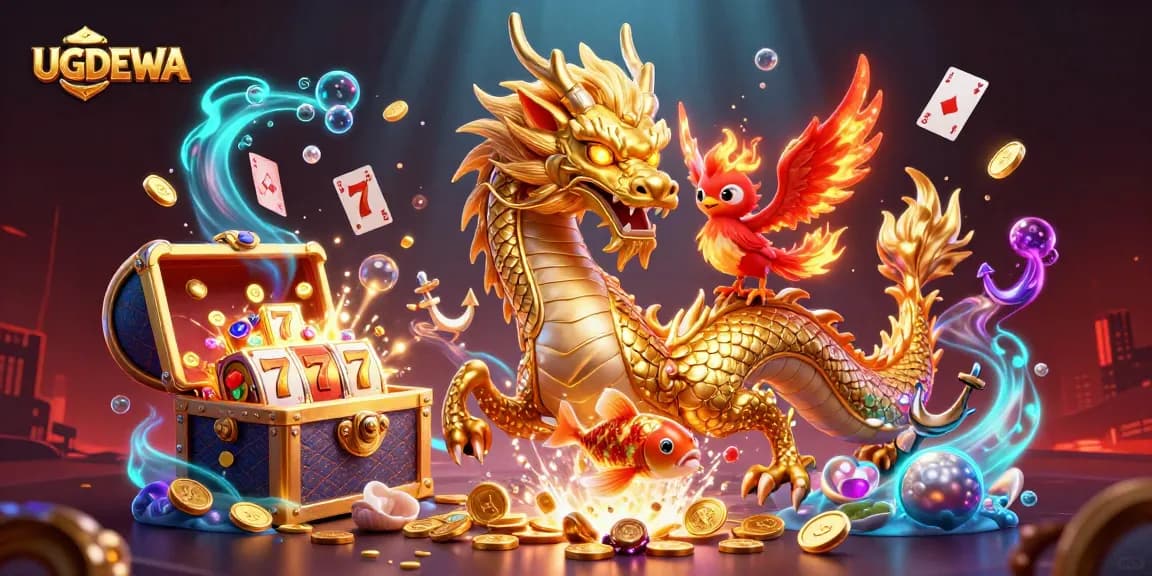 Play exciting games at UGDEWA with a powerful dragon, phoenix, and leaping koi fish surrounded by slot reels and magic.