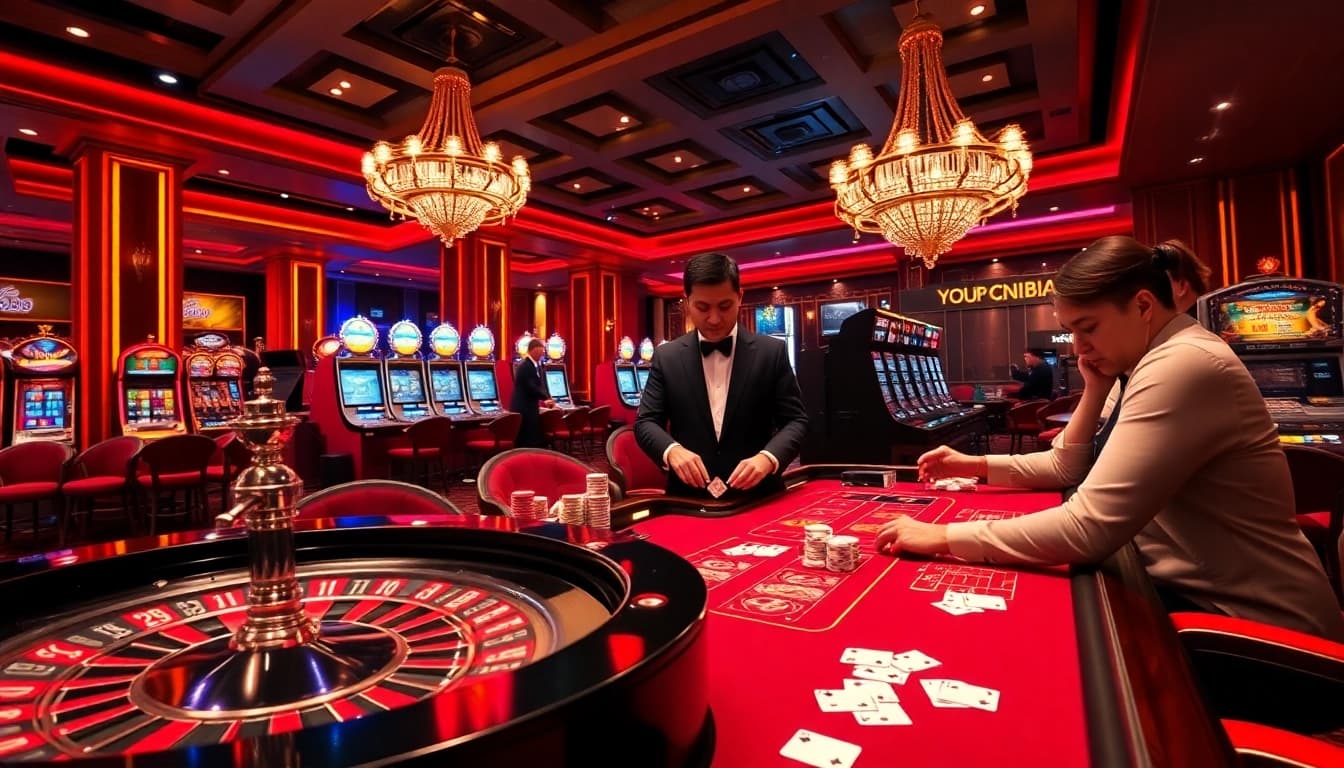 Experience the excitement of GK88 at a luxurious casino with vibrant games, roulette wheels, and poker tables.