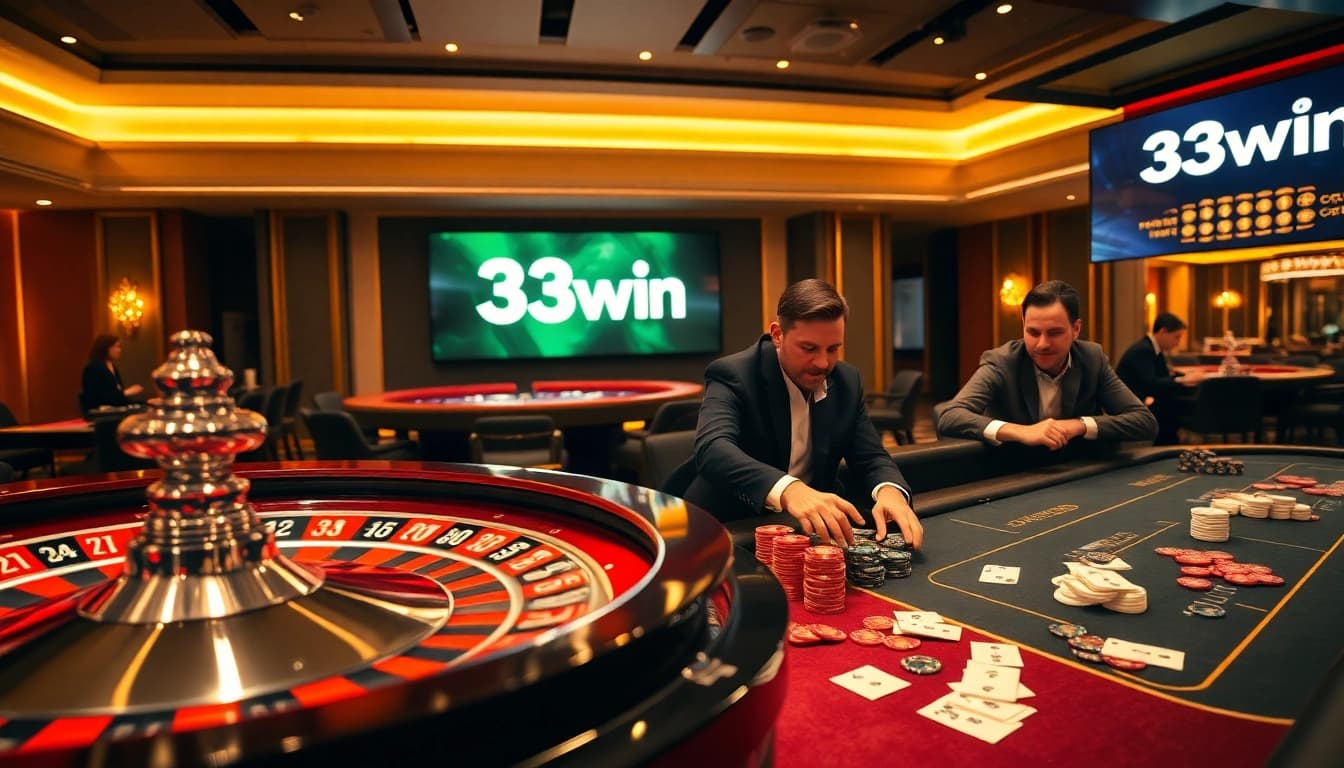 Players enjoy high-stakes games at 33win casino, surrounded by vibrant chips and a spinning roulette wheel.