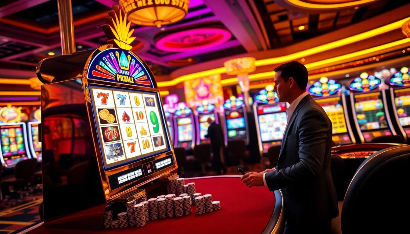 PEN4D delivers an exciting moment at the casino with a player engaging at a vibrant slot machine.