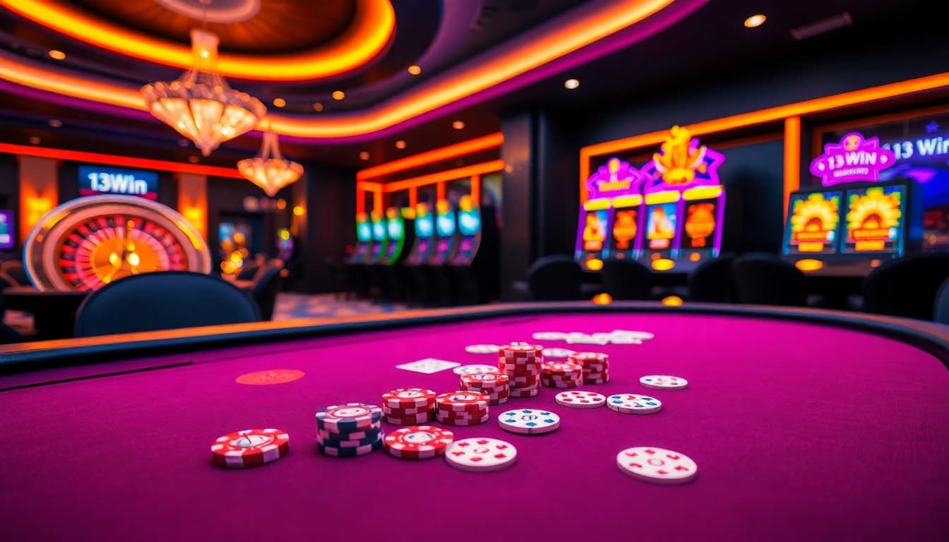 Players enjoying their time at 13Win casino, surrounded by vibrant gaming tables and exciting atmosphere.
