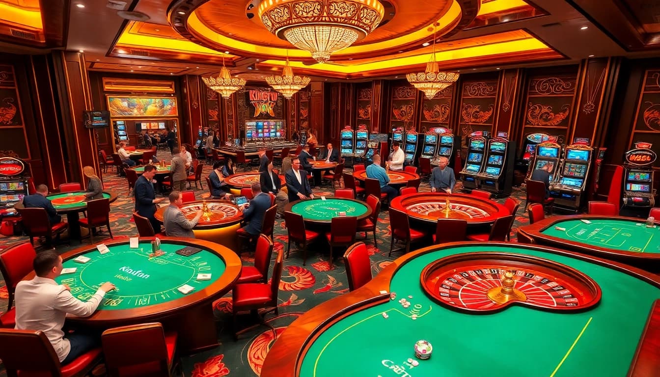 Engaged players at Kingfun’s luxurious casino tables featuring vibrant slot machines and roulette wheels.