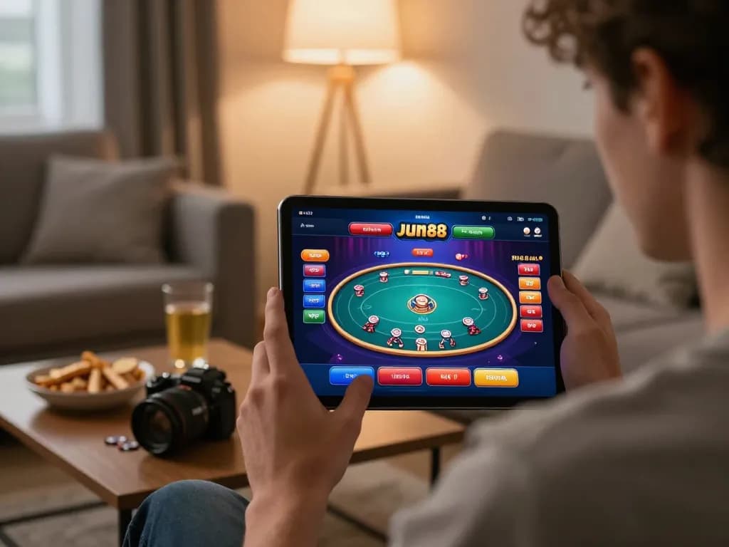 Player engaging with the Jun88 online casino interface on a tablet in a cozy setting, showcasing immersive gaming.