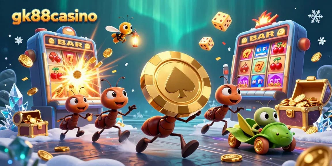 Experience the excitement of gk88casino with ants heisting a giant poker chip amidst dynamic casino elements.