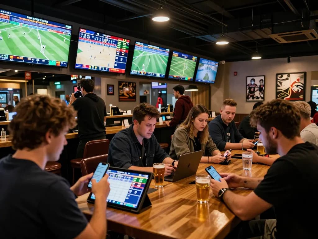 bettors engaging in live betting at a sports bar using rr88 app for better odds