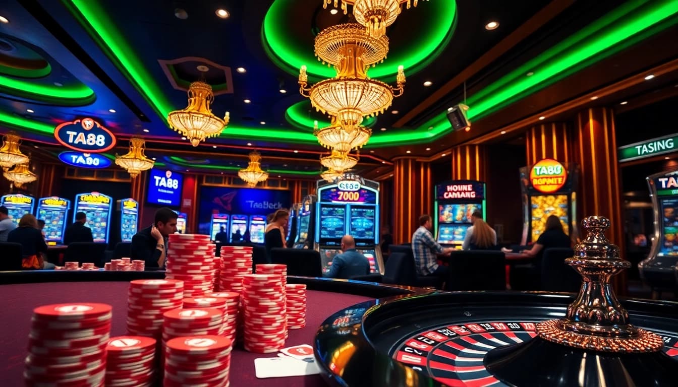 Players enjoying high-stakes action at TA88 casino tables with vibrant cards and chips.