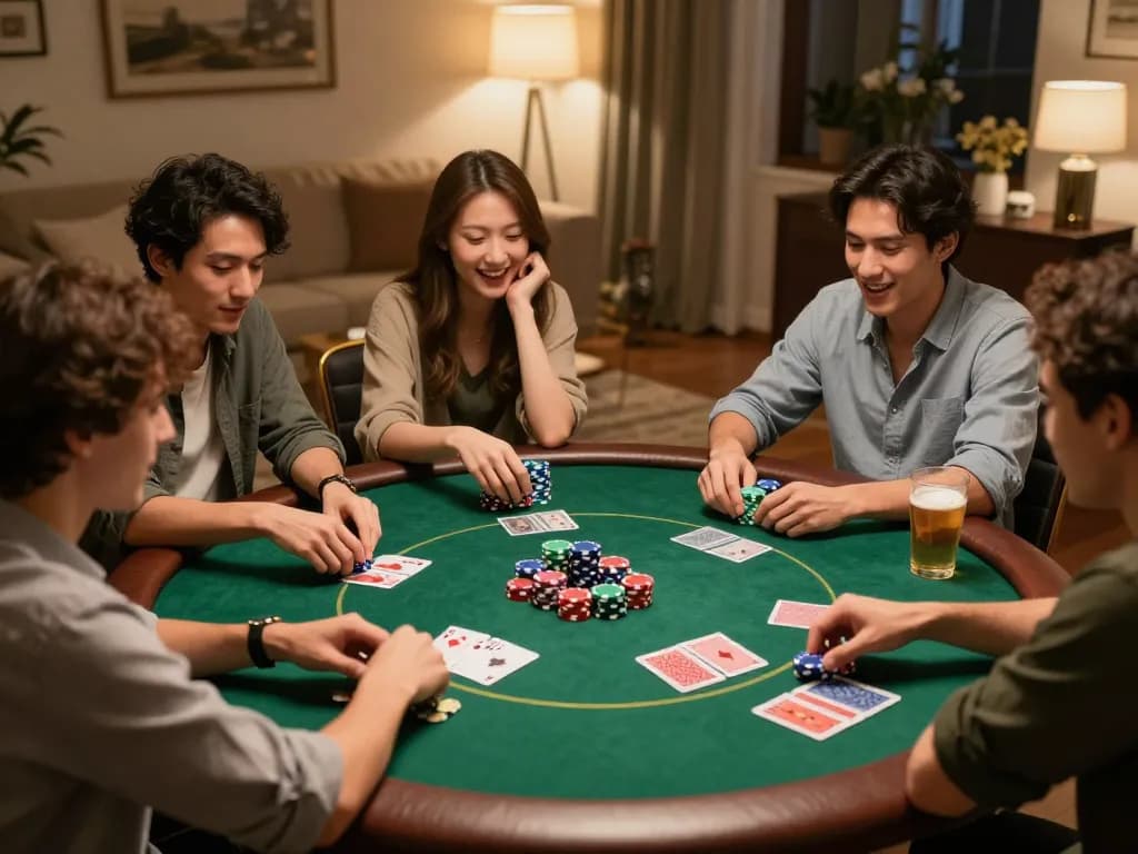 Friends enjoying a poker night at home, showcasing a vibrant gaming scene with 28betca activities.