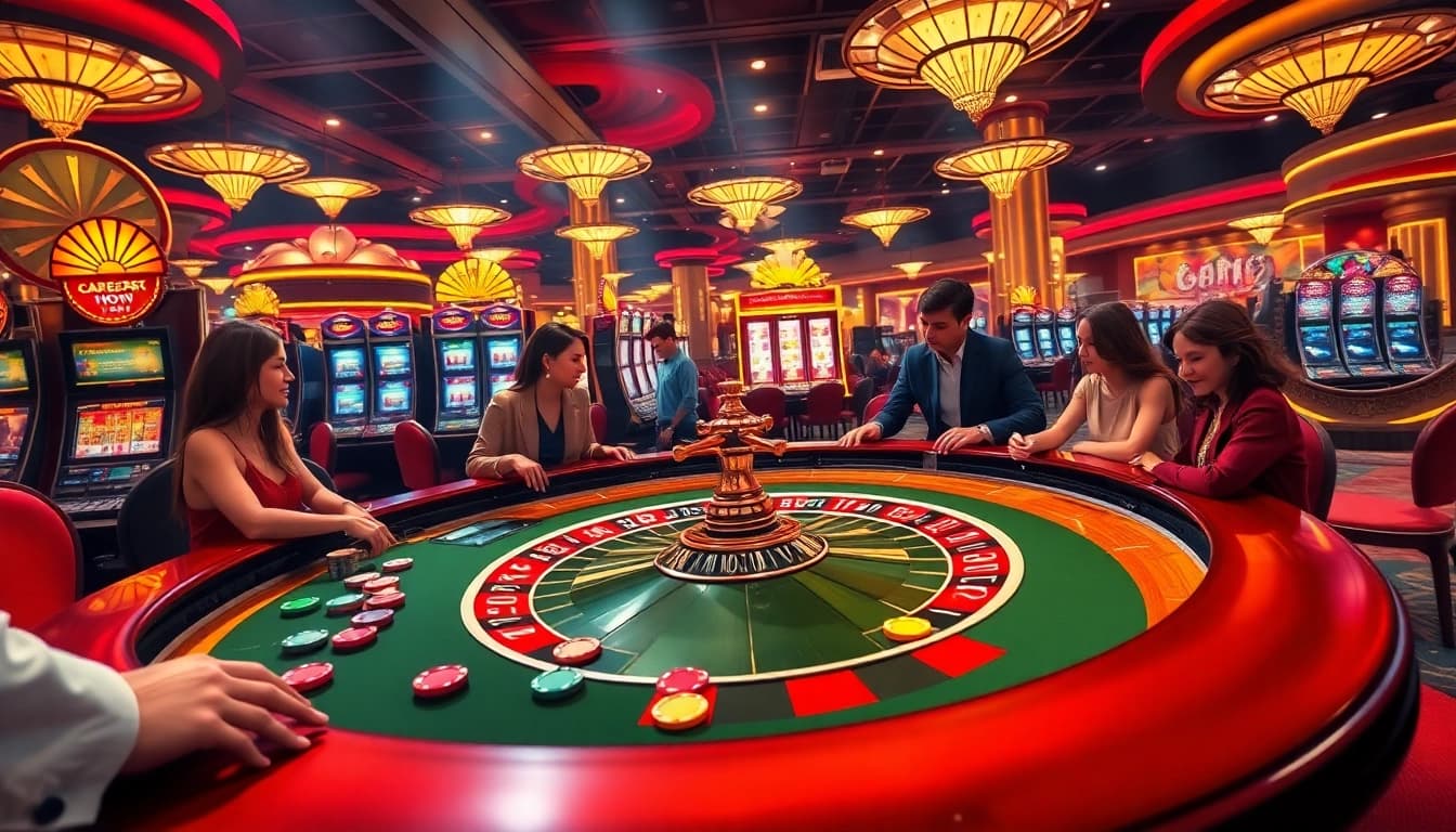 Experience the excitement of AT99娛樂城 with players at a vibrant roulette table in a stunning casino.