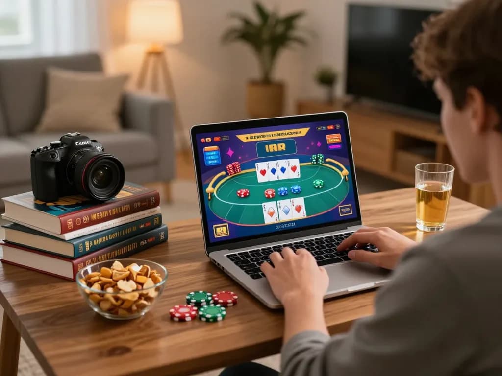 mb66 player engaging with online poker game on laptop in cozy home setting