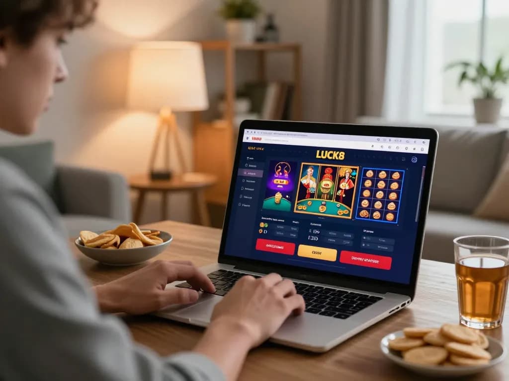 The player engaging in hợp tác đại lý LUCK8 online gaming from a stylish home setup seeing poker interface