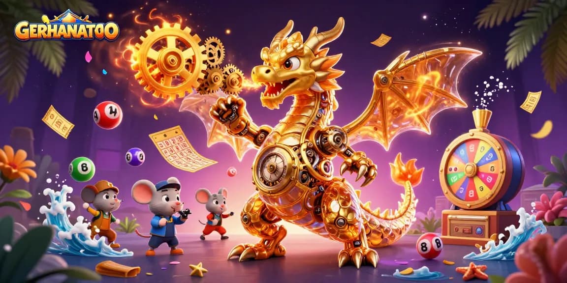 GERHANATOTO menyajikan desain ilustrasi 3D menarik dengan naga emas dan elemen permainan lotere yang dinamis.