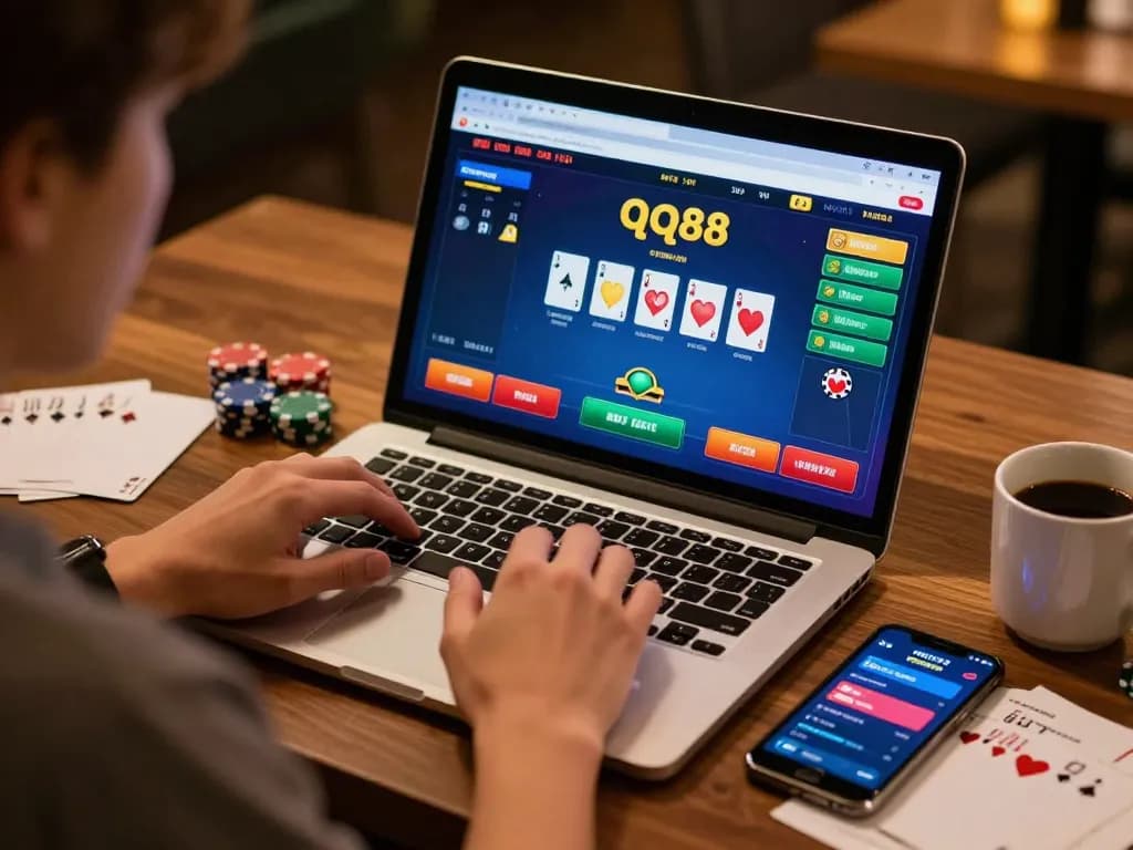 Engaged player enjoying qq88 online poker game with strategic notes in a cozy gaming setup.