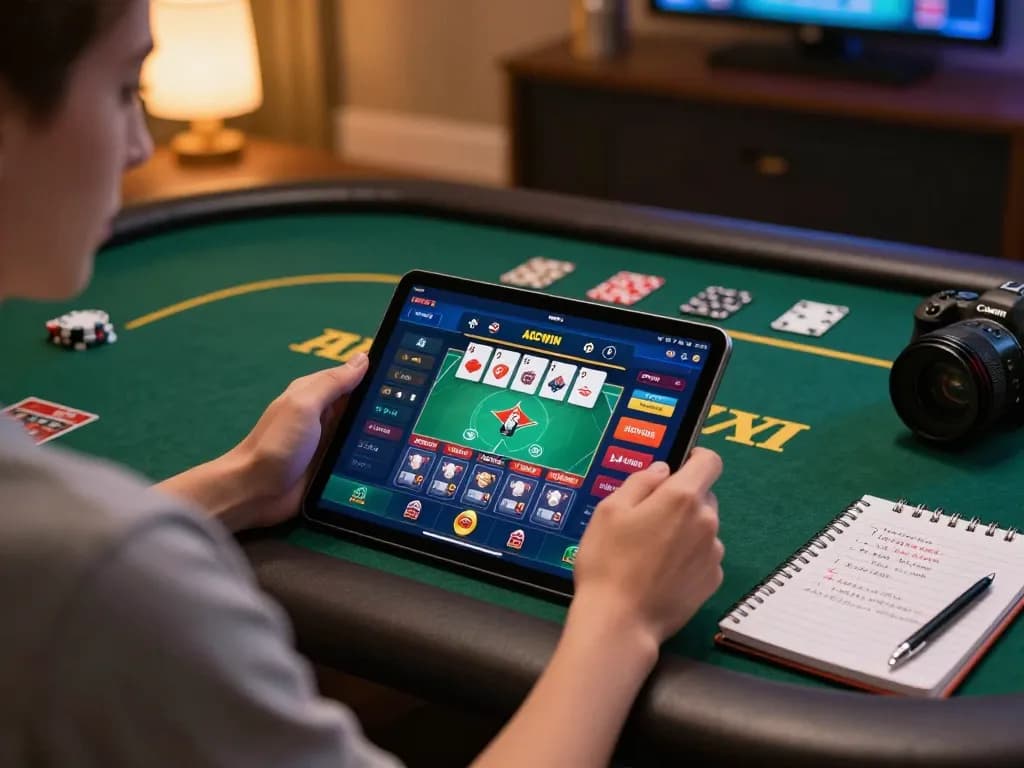 Pemain menikmati aplikasi AGCWIN di tablet, menampilkan antarmuka permainan poker dalam suasana yang nyaman.