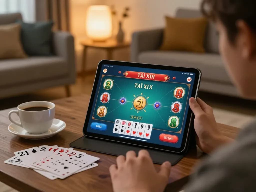 Tài xỉu online player engaged in gameplay at home with tablet, showcasing strategic notes and cozy environment