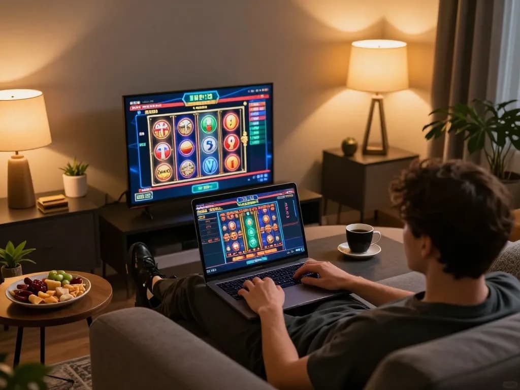 bästa casino utan svensk licens: Enjoying online slots on a cozy sofa while gaming strategically