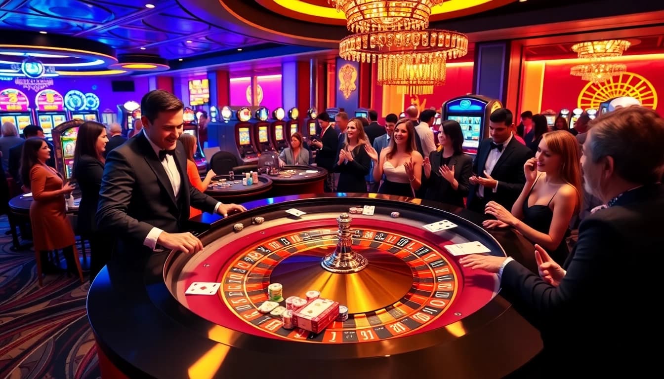 Experience the excitement of MMOO at a vibrant casino, with players celebrating wins at a roulette table.