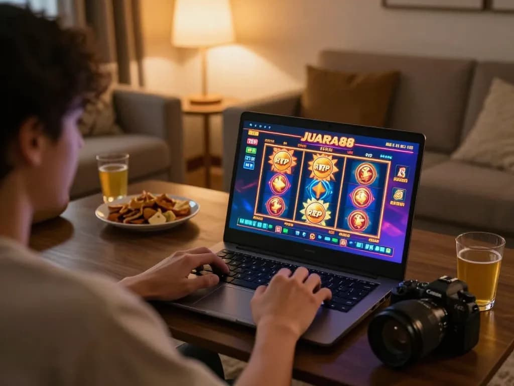 JUARA88 player spinning reels in an engaging online slot game from a cozy home setup.