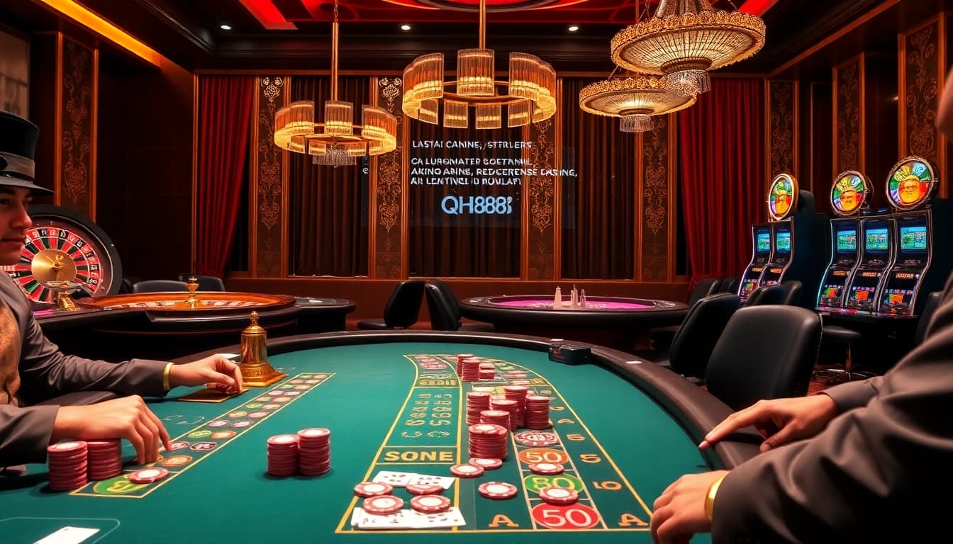 Engage in high-stakes poker at qh88's luxurious casino table with vibrant chips and elegant ambiance.