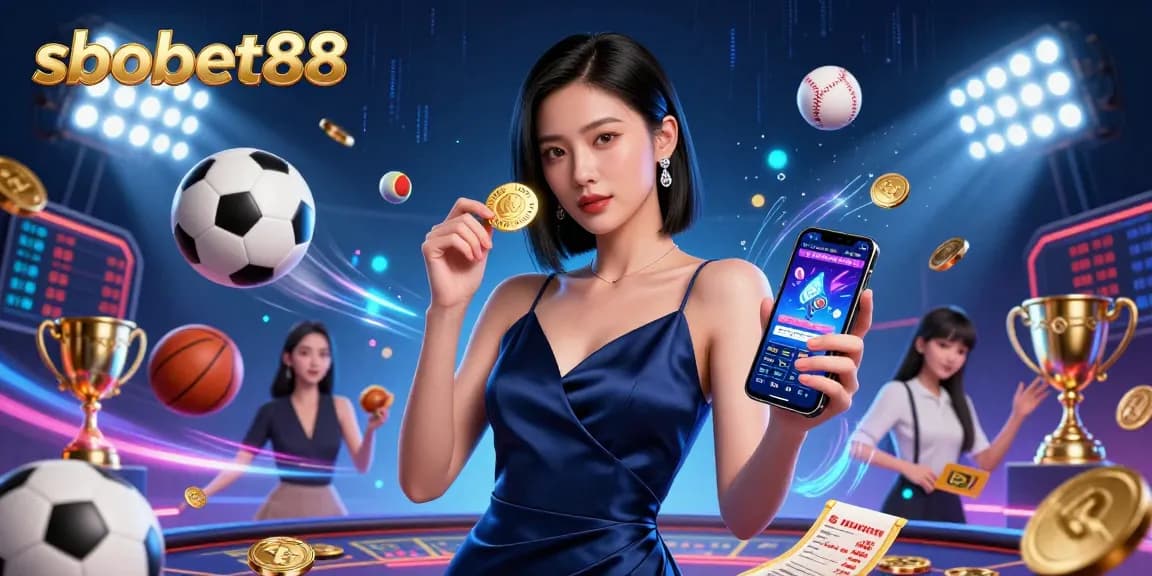 Place bets and win big at sbobet88 with stunning sports-themed illustration featuring dynamic elements.