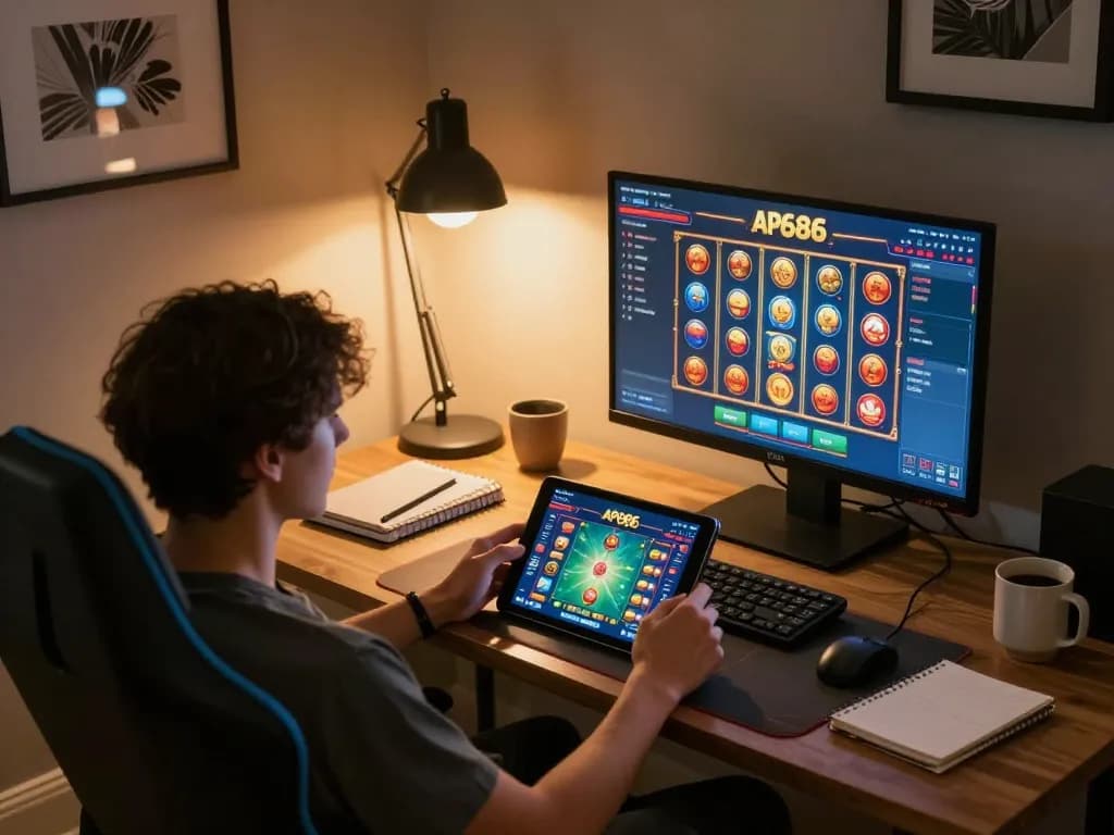 Pemain yang berinteraksi dengan aplikasi kasino online ap686 di tablet dalam suasana rumah yang stylish, menampilkan gameplay yang dinamis dan permainan yang bertanggung jawab.