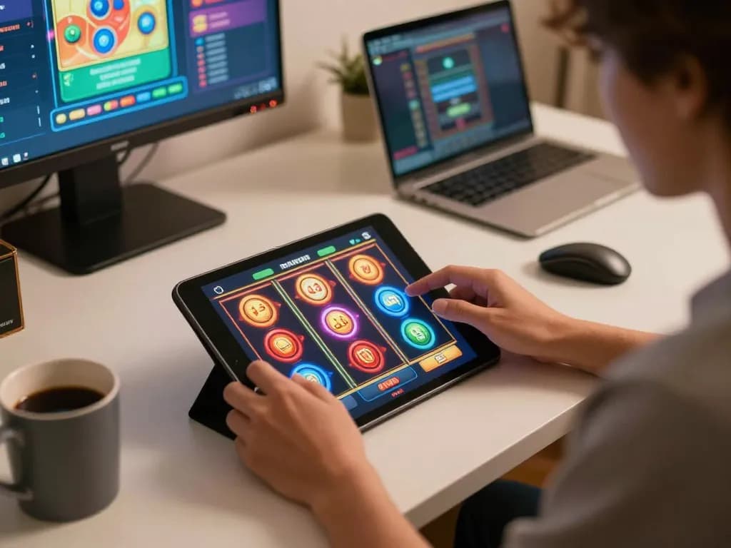 Cucu777 player engaged in thrilling online slots gameplay on tablet with colorful graphics.