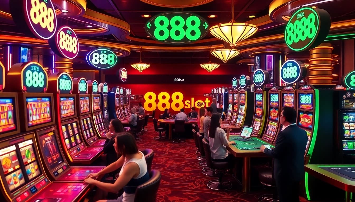 Suasana menarik para pemain di mesin 888slot mewah merayakan kemenangan dan kegembiraan di kasino.