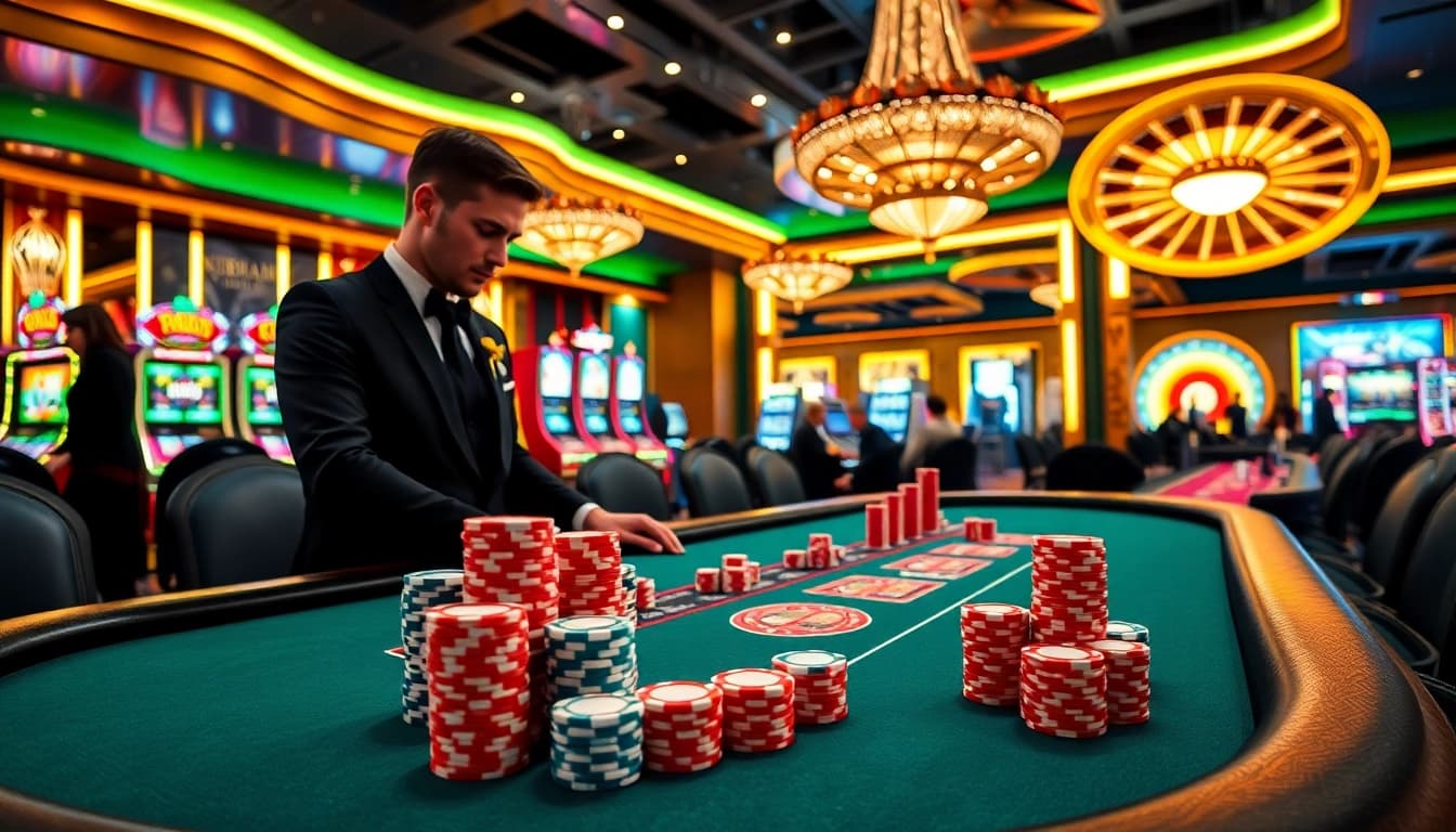 Engage with high-stakes gambling at 79king's luxurious casino featuring poker chips and slot machines.