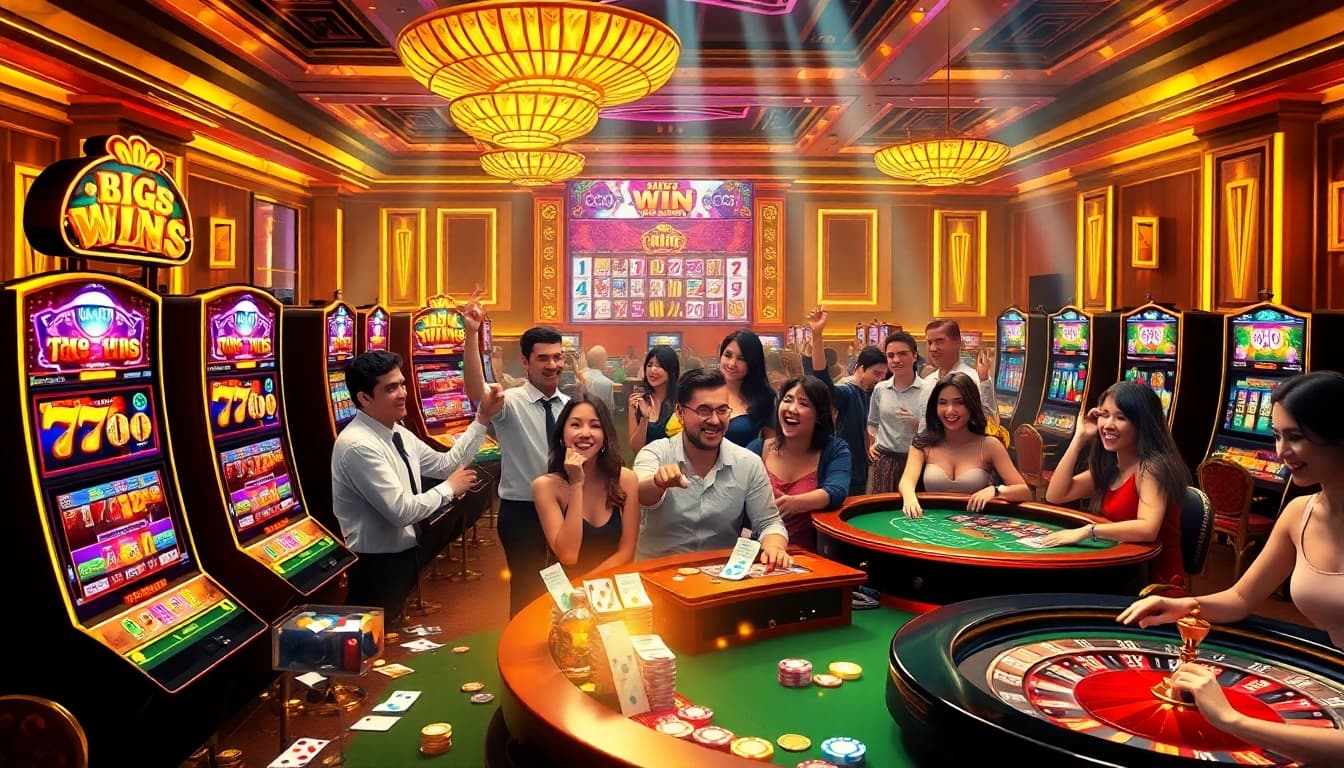 Players enjoying a thrilling gaming experience at Wingslots77 casino with vibrant slot machines.