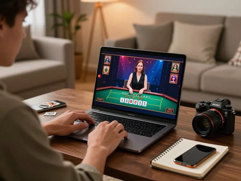 Player at home enjoying nk88 baccarat game on laptop, embodying strategic online gaming