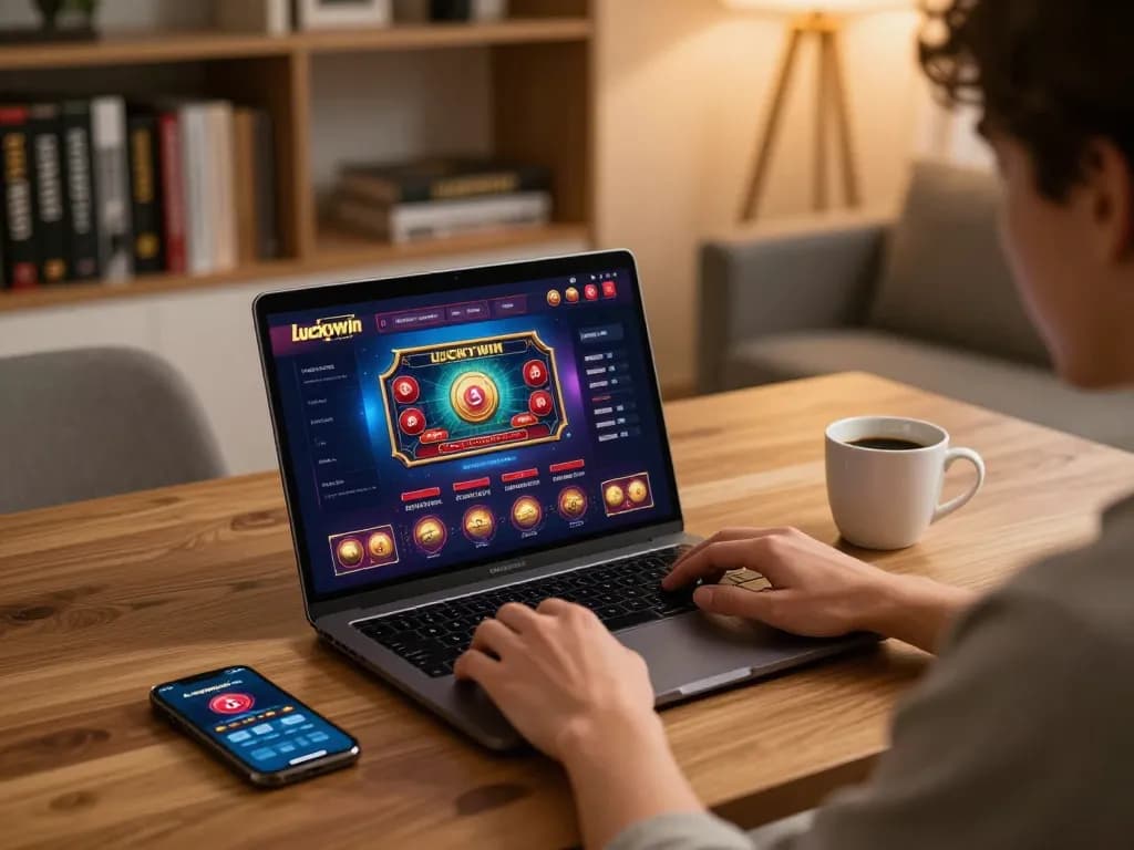 Playing on Luckywin’s online platform using laptop, showcasing a cozy gaming setup.